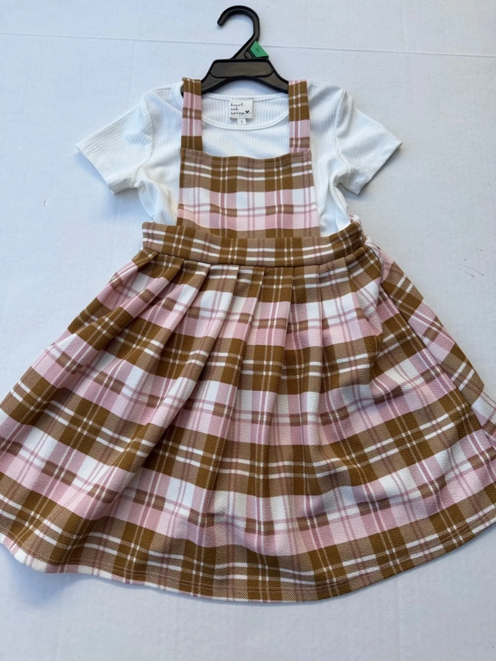 Girls Pink & Brown Plaid Pinafore Dress with White Tee NEW